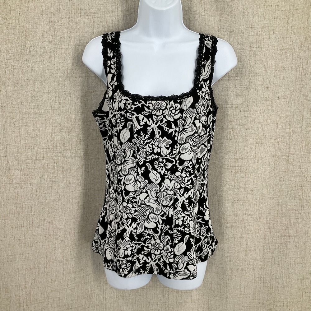 WHBM Tank‎ Top Women Medium Black White Lace Floral Layering Textured Timeless